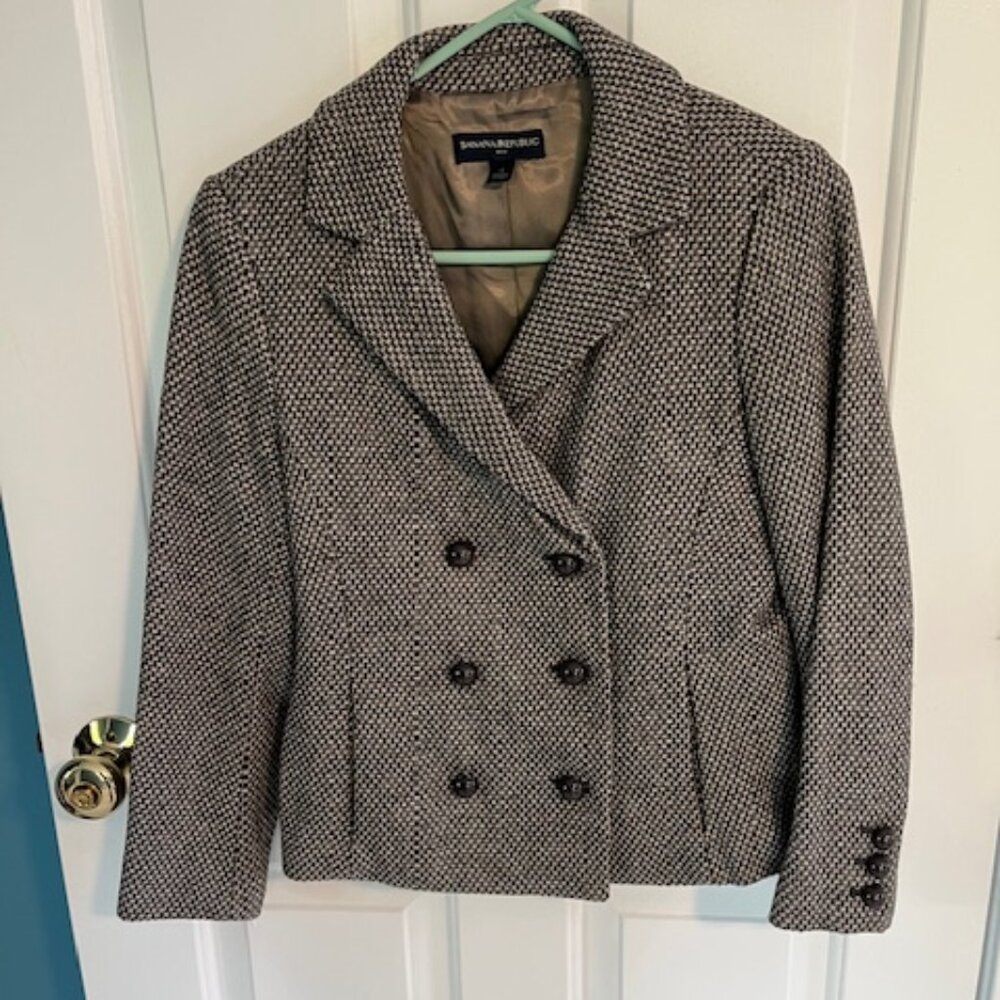 Banana Republic Factory Brown and White Double-Breasted Cropped Blazer